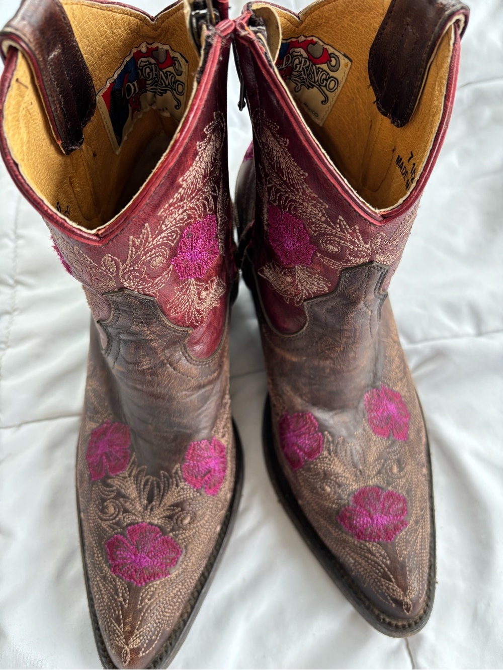 Old Gringo Yippee Ki Yay Floral Embroidered Brown Leather Ankle Boots 7.5 Zip